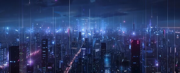 Fototapeta premium Advanced Urban Management City Skyline at Night with Glowing Data Streams Connecting Buildings