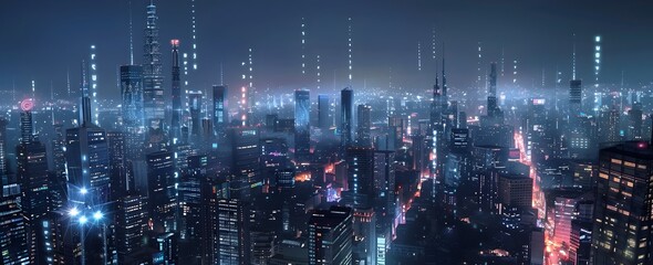 Nighttime City Skyline with Glowing Data Streams Digital Connectivity in Modern Urban Life