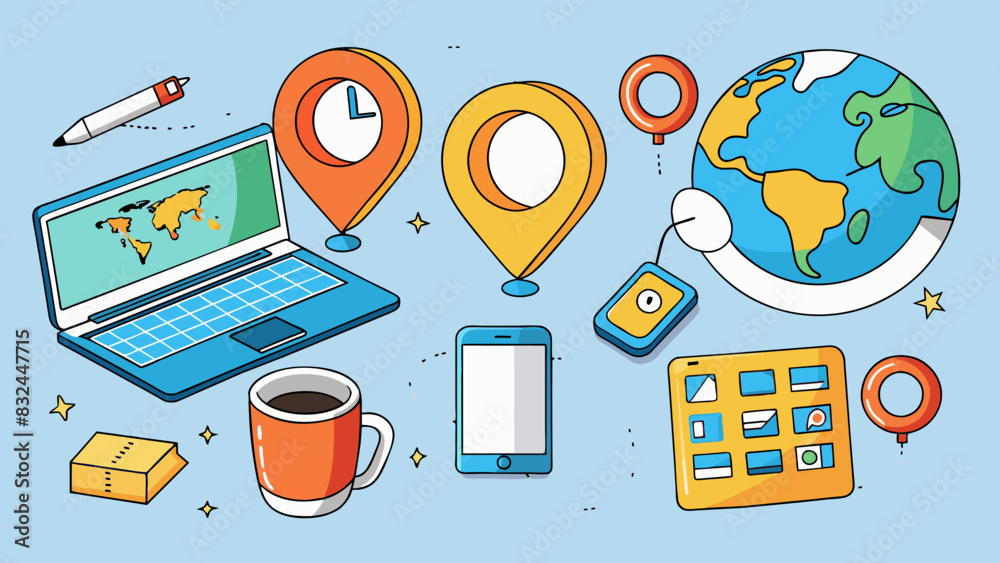 Poster Finally we come to the 2000s a decade defined by technology and global connectivity. The objects in this illustration include a laptop a flip phone. Cartoon Vector.
