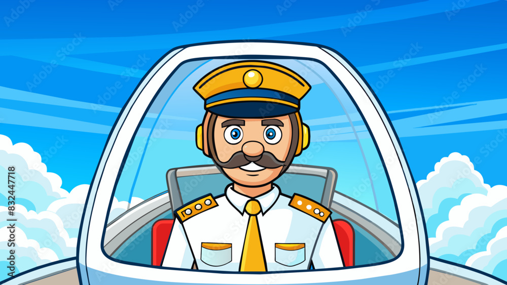 Poster From the window of their pit a pilot looks out at a stunning view of fluffy white clouds and clear blue sky. The planes wings painted with vibrant. Cartoon Vector.