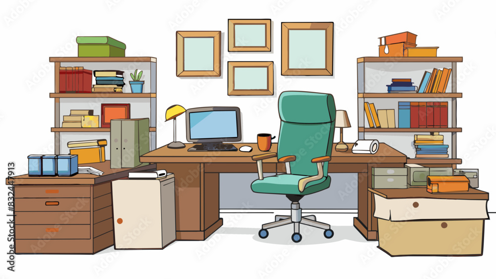 Poster In a cluttered home office there is a large wooden desk with a computer and stacks of papers tered across it. The walls are covered in bookshelves. Cartoon Vector.