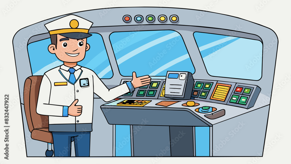 Poster In a brightly lit training room a pilot stands in front of a large flight simulator adjusting s and switches while talking with their copilot. The. Cartoon Vector.