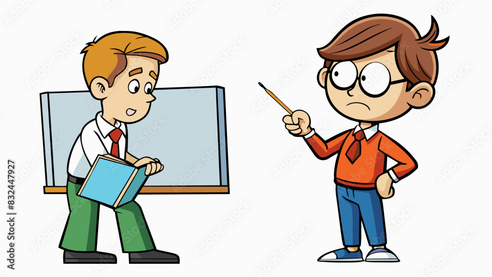 Poster In a classroom a student purposely turns their back to the teacher and starts doodling in their notebook disregarding the lesson being taught.. Cartoon Vector.