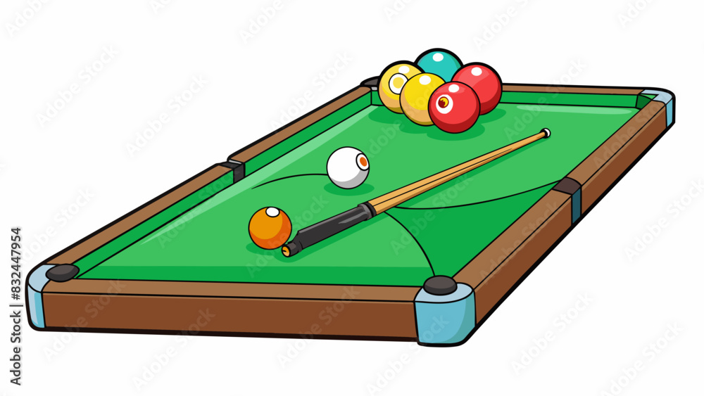 Poster In a game of billiards a strike occurs when the cue ball strikes a colored ball causing it to roll and collide with other balls on the smooth green. Cartoon Vector.