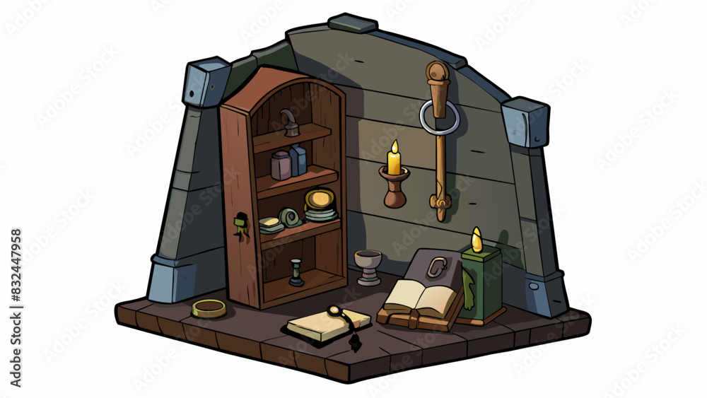 Poster in a dimly lit atmospheric room an alter takes the form of a of shelves built into the wall. carved 