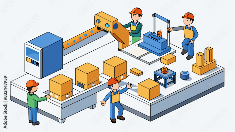 Poster In a factory warehouse workers are busy assembling various parts to create a piece of machinery. Each worker has a specific task using tools and. Cartoon Vector.