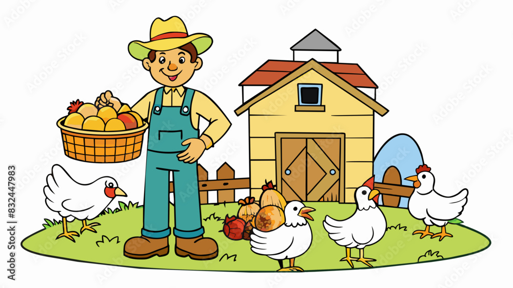 Poster in a pen behind the farmhouse a group of chickens pecked at the ground while a friendly farmer in a 