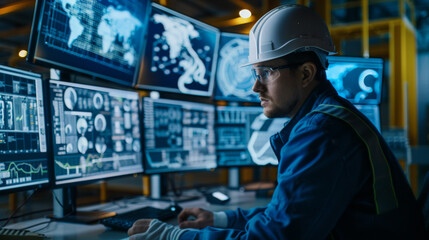 An engineer in a hard hat analyzing complex data on multiple computer screens in an industrial control room.