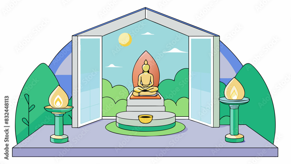 Poster In a quiet meditation room a small alter made of smooth white stone is p in front of a large window offering a view of a serene garden. On the alter. Cartoon Vector.