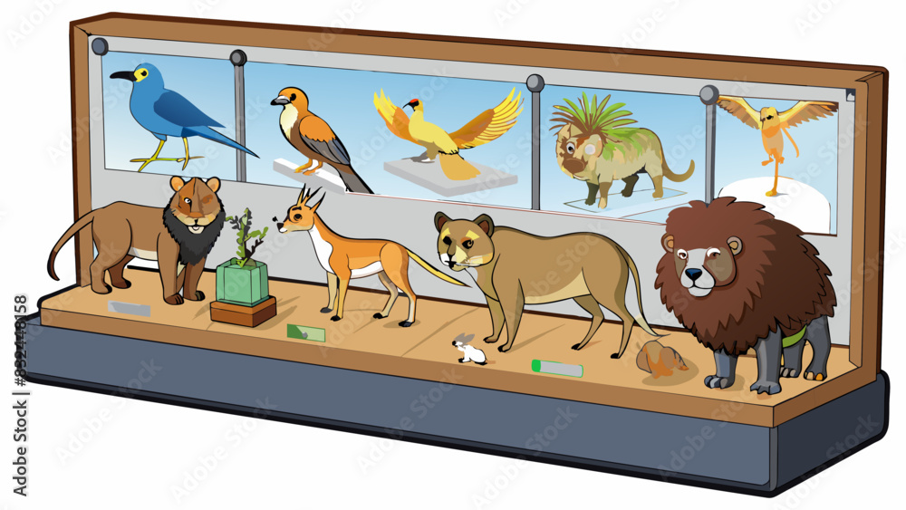 Poster in one room a display of taxidermied animals ranging from magnificent lions to tiny birds frozen in 