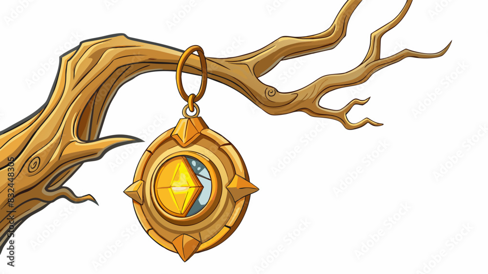 Sticker In the forbidden forest a golden amulet hung from a gnarled tree branch. Its surface was smooth and polished with ancient symbols etched into the. Cartoon Vector.