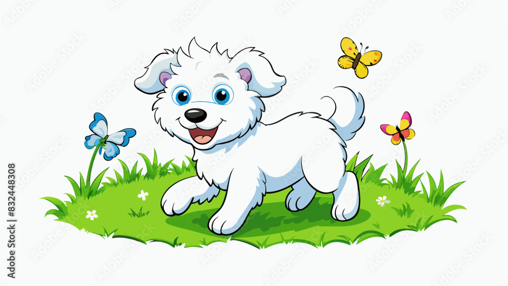 Poster in the fourth illustration a fluffy white puppy playfully runs through a green meadow. its tail wags