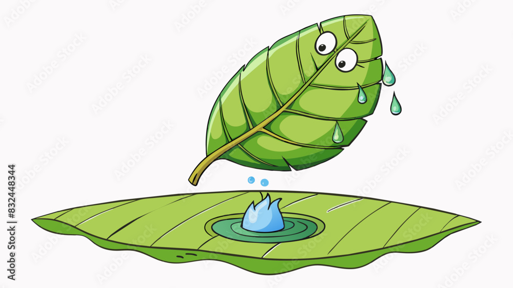 Poster In the jungle the first drop of rain hit a giant leaf causing a ripple effect and signaling the start of a storm.. Cartoon Vector.
