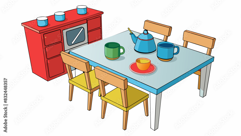 Poster in the kitchen there is a wooden table with four matching chairs. the table is set with colorful mis