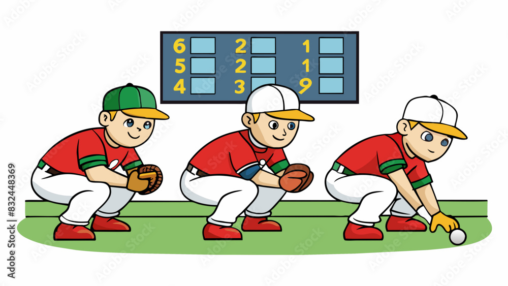Poster in the outfield three players crouch low to the ground waiting for a ball to come their way. one has