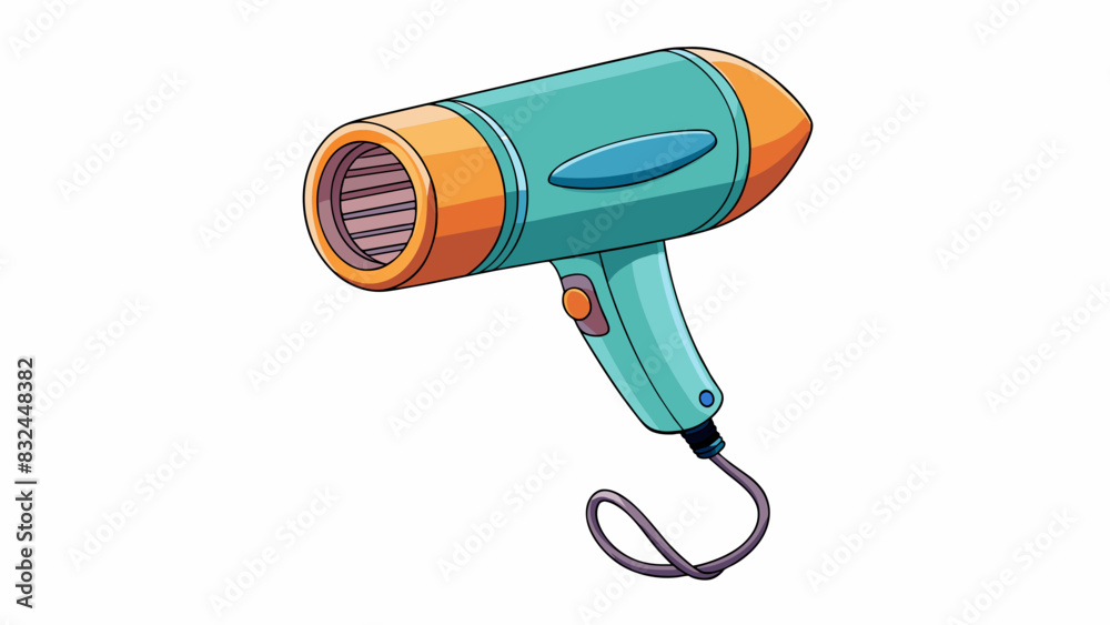Poster In the second illustration we see a cylindrical object with a metal casing and a long cord attached to it. This object is used to quickly dry wet hair. Cartoon Vector.