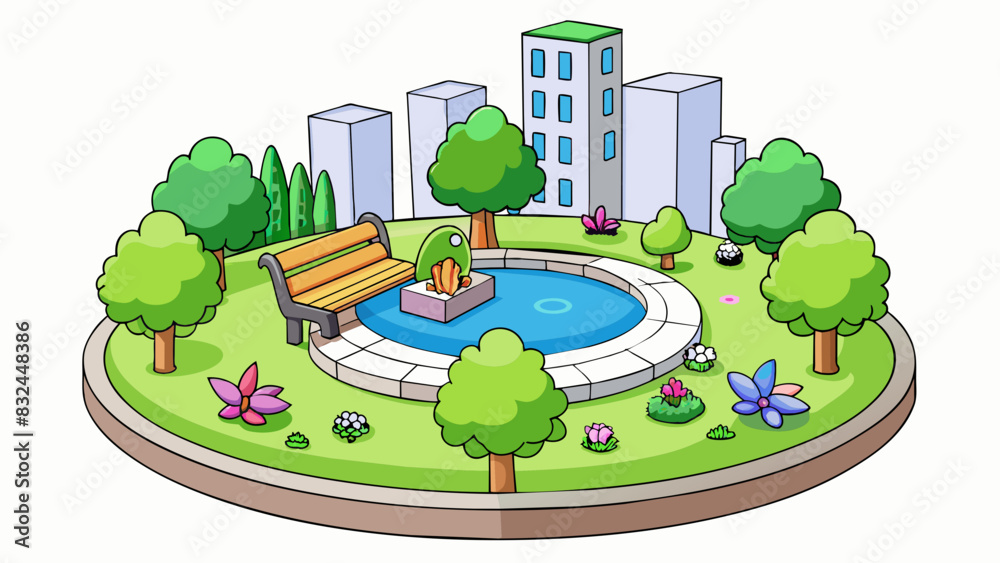 Poster in the middle of a bustling city there is a relatively quiet park with a small pond in the center. t
