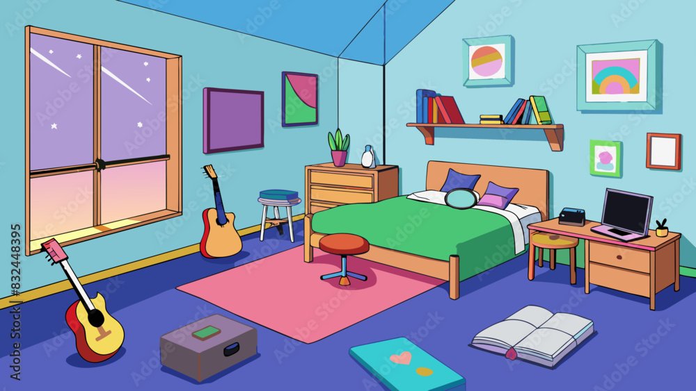 Poster internal a cluttered bedroom with mismatched furniture and colorful walls. on the bed there is a plu
