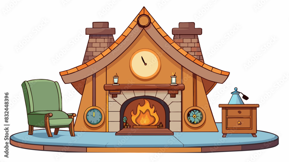 Poster inside a cozy cabin there is a crackling fireplace with a large ornate clock hanging above it. the c