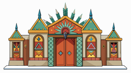 In the distant village the chiefs home stood out with its grand size and intricate design. Its walls were adorned with colorful murals depicting. Cartoon Vector.