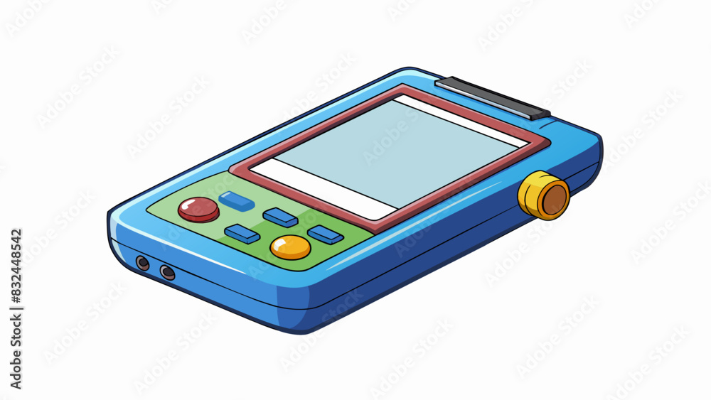 Poster Look for a small handheld device with a rectangular shape and buttons on the front. It has a bright screen that displays numbers letters and symbols. Cartoon Vector.