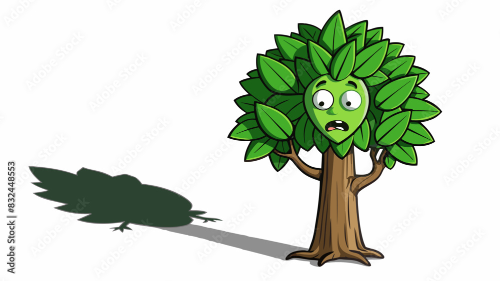 Poster Lush green leaves on a tall tree shivering in fear as a dark shadow passes over them signaling the approaching of a predator.. Cartoon Vector.