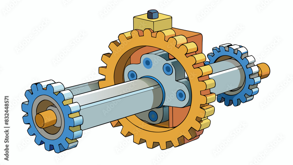 Poster Mechanical component A cylindrical mechanism made of durable metal with multiple gears and levers. It has a smooth surface and is used in machinery to. Cartoon Vector.