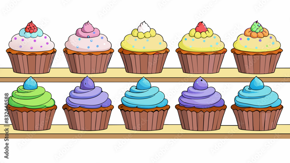 Poster Lined up neatly on a bakery shelf are thirteen perfectly frosted cupcakes arranged in a variety of flavors and colors. Some are adorned with sprinkles. Cartoon Vector.
