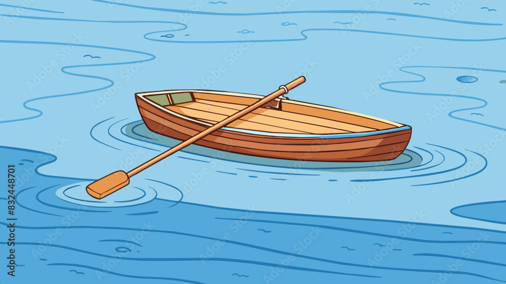 Poster On a calm lake a lone rowboat glides through the glassy water propelled and guided by two oars slowly creating a rhythm of ripples.. Cartoon Vector.