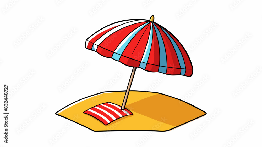 Aufkleber on a sunny beach there is a bright red beach umbrella stuck in the sand. the umbrella has a colorful