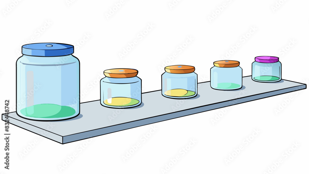 Poster On the kitchen counter there is a row of jars arranged from smallest to largest. The jars are made of clear glass and each one has a different colored. Cartoon Vector.