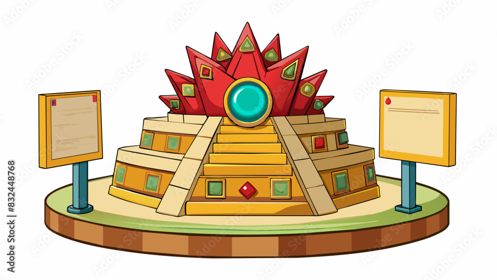 Poster On display in a museum a crown from the ancient Mayan civilization features sharp jagged spikes and a red gem in the center. Its purpose is unknown. Cartoon Vector.
