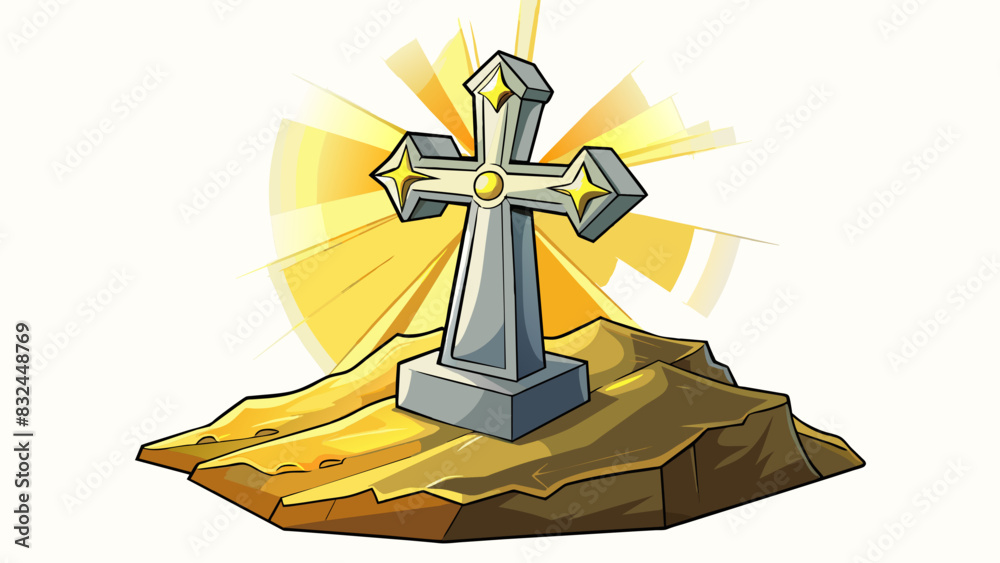 Poster on the edge of a rocky cliff a small metal cross juts out from the ground. its surface is smooth and