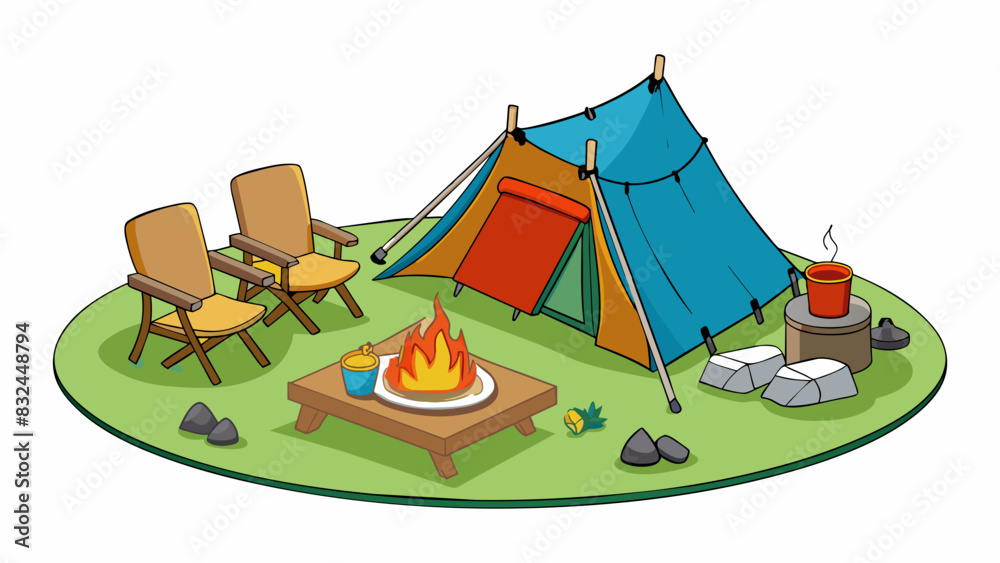 Poster outdoor camping prep assemble a sy tent with all necessary poles and stakes and lay down a tarp or m
