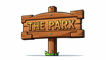 Object characteristics a mediumsized wooden sign with engraved letters mounted on a post at the entrance of the park. . Cartoon Vector.