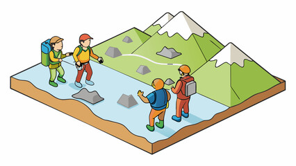 Obraz premium On target A group of hikers looking at a map pointing to a specific mountain peak in the distance. The map is detailed and shows the geographic. Cartoon Vector.