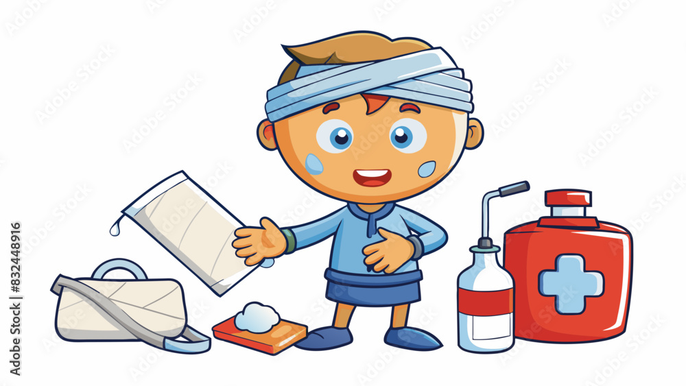 Aufkleber Proper first aid techniques for a minor or sc include cleaning the with soap and water applying antibiotic ointment and covering it with a sterile. Cartoon Vector.