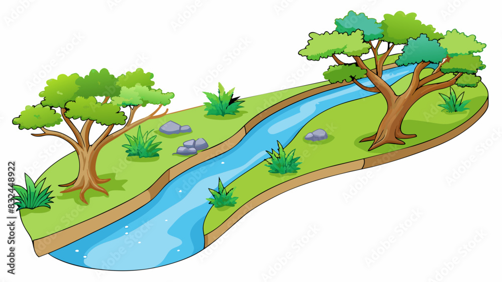 Poster River branch A smaller stream that diverges from the main body of a larger river often surrounded by lush vegetation and hosting a diverse ecosystem.. Cartoon Vector.