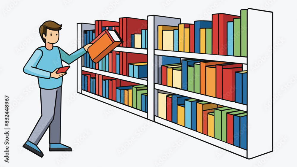 Poster Scanning a crowded library shelf for a specific book by its title. Characteristics rectangular shape printed text on spine varying sizes and colors. Cartoon Vector.