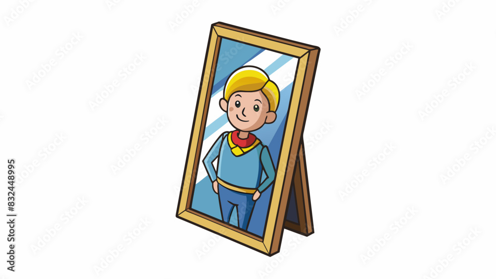 Poster Reflection in a mirror When standing in front of this shiny surface you will see a perfect replica of yourself with identical movements and facial. Cartoon Vector.