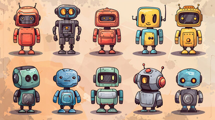 Fototapeta premium Cartoon drawing of a collection of retro robot toys, creating a decorative and mechanical theme