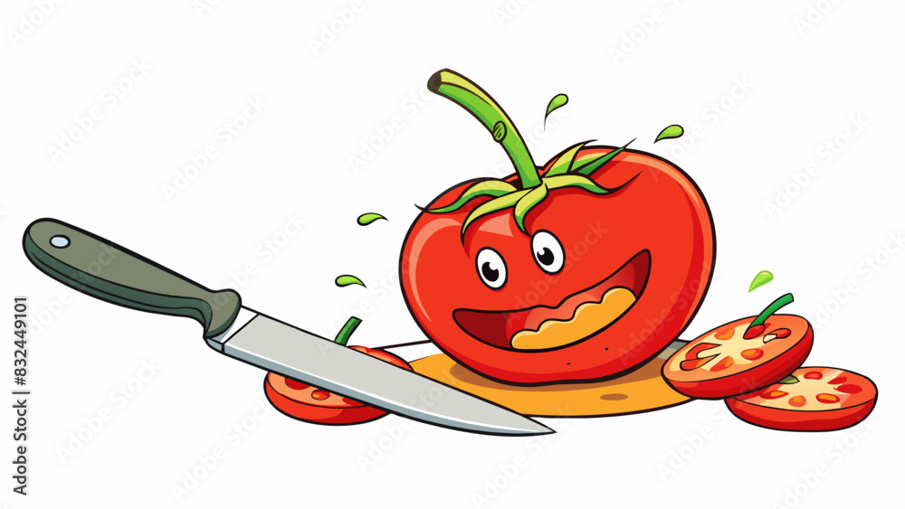 Poster Slowly ting a ripe tomato into thin slices with a sharp knife ensuring each slice is evenly sized and not squished. The tomato is characterized by its. Cartoon Vector.