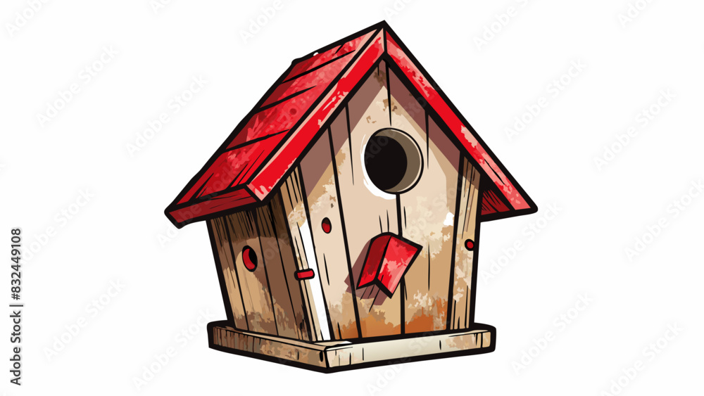 Poster sitting on the windowsill is a wooden birdhouse weathered by time and the elements. the red paint is