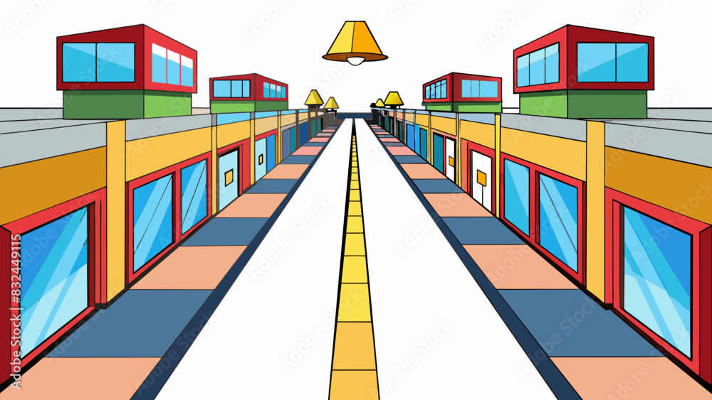Poster sprawling shopping mall with endless hallways and countless storefronts offering a wide variety of p