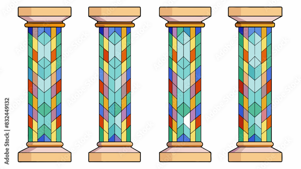 Poster Standing in a row the fourth column is noticeably shorter than its companions. Its surface is adorned with colorful tiles creating a mosaic pattern. Cartoon Vector.