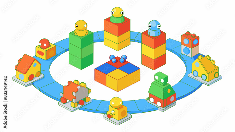 Poster spread out on the living room carpet there are a collection of toys arranged in a circle. they range