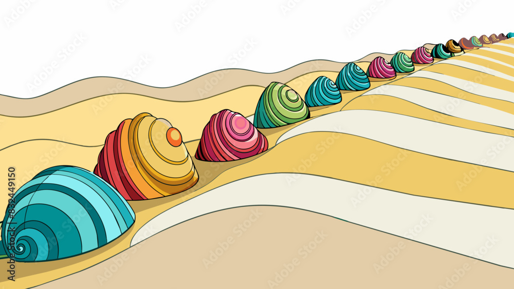 Poster Strolling along the sandy beach you see rows of colorful seashells tered on the shoreline. Each one is unique with intricate patterns and varying. Cartoon Vector.