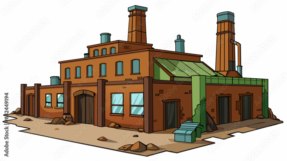 Poster The abandoned factory was a stark and eerie sight with severe rust and decay covering every surface.. Cartoon Vector.