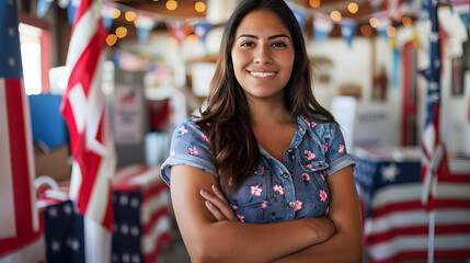 Smiling young hispanic woman with arms crossed standing in a room decorated with american flags and a voting booth indicating an election setting in the united states isolated on white background, vin