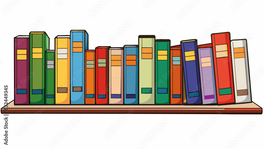 Aufkleber The bookshelf was lined with rows of colorful spines each one displaying a unique title and authors name.. Cartoon Vector.